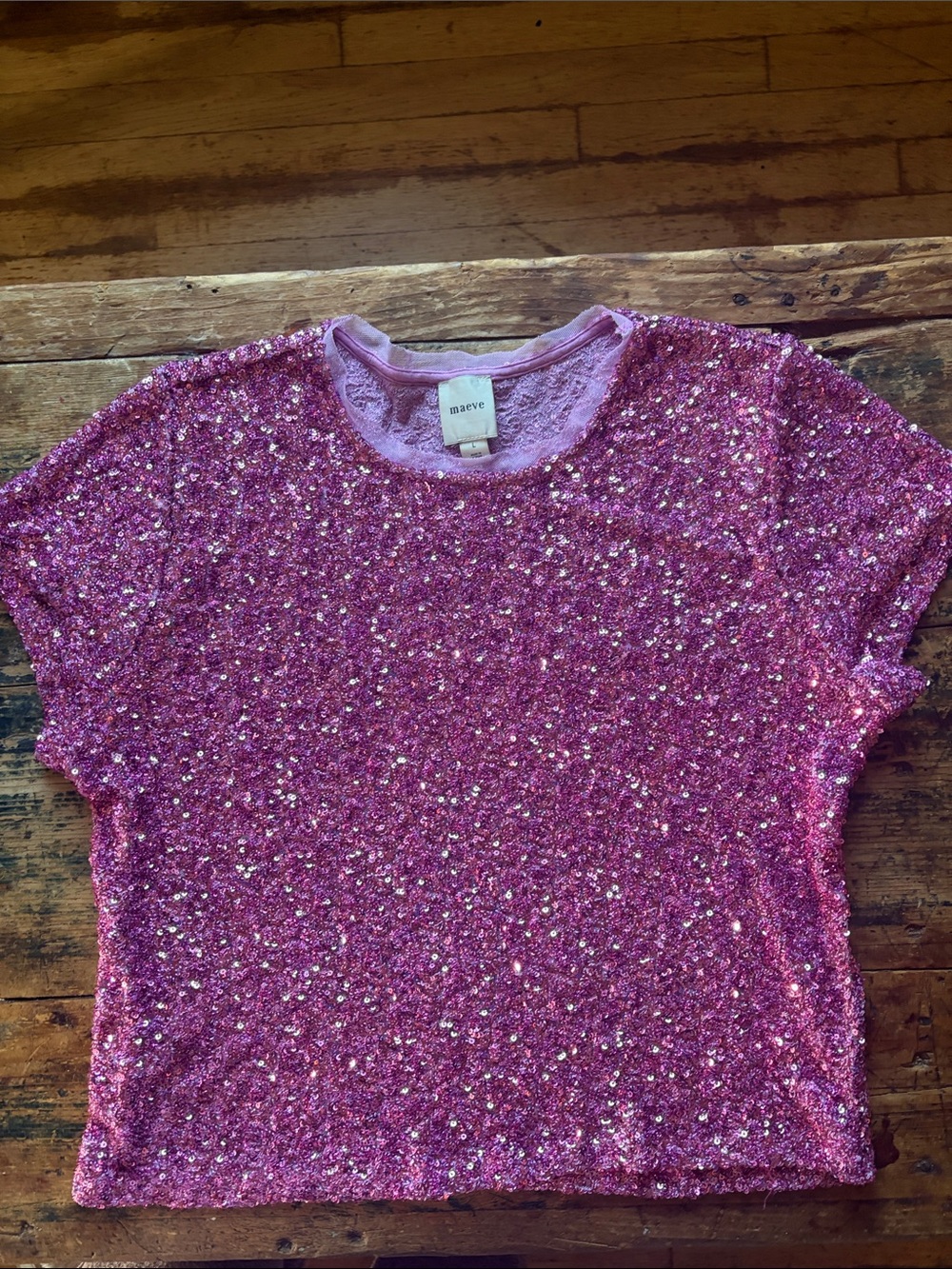 Maeve Pink Sequin Short Sleeve Top